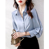 Getadme-Fashion Lapel Button Spliced Pockets All-match Shirt Women Clothing Autumn New Loose Casual Tops Office Lady Blouse