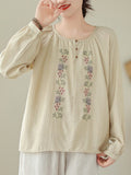 Women Long Sleeve Casual T-shirt New Arrival 2023 Autumn Vintage Style O-neck Floral Embroidery Loose Female Tops Tees B2903