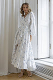 Getadme Elegant Vintage Summer Bandage White Chiffon Blue Polka Dot Long Dresses Long Sleeve Sexy Slit Boho Beach Maxi Dresses For Women