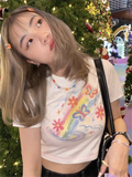 Getadme  Korean Fashion Egirl T-Shirt Women Y2K Girly Cute Graffiti Print Crop Top Slim Harajuku Coquette Sweet White Tees Summer