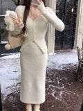 Getadme- Fur Sweater Knitted Suits Women Slim Winter Elegant Vintage 2 Piece Dress Set Office Lady Y2k Clothing Korean Fashion
