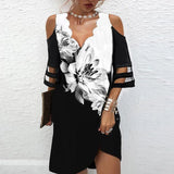 Getadme-Dress Women Elegant V Neck Summer Off Shoulder Lace Mesh Patchwork Mini Dress Female Loose Print Beach Short Dress