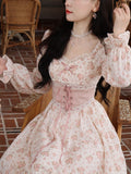 Pink Floral Korea Sweet Elegant Dress Women Bandage Lace Print France Vintage Dress Puff Sleeve Princess Kawaii Fairy Dress 2023