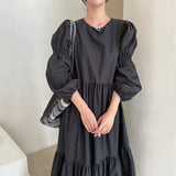 Getadme  Ruffle Design Loose Solid Long Sleeve Maxi Dresses for Women Vintage Korean Fashion Clothing Chic Retro Minimalist Style O Neck