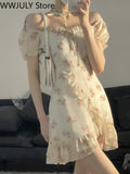 Getadme-Floral Elegant Short Sleeve Dress Woman Casual Summer Sexy Party One Piece Dress Korean Fashion Beach Vintage Midi Dress