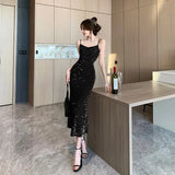 Sexy Sequins Midi Dresses for Women 2023 French Style Velvet Sleeveless Backless Slim Female Clothes Elegant Party Evening Dress