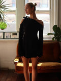 Getadme-Summer Sexy Strapless Longsleeve Hollow Out Mini Dress For Women Bandage Slim Inclied Shoulder Dress Party Night