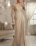 Lace Champagne Mother of The Bride Dresses Plus Size Chiffon Half Sleeves Groom Godmother Evening Dress For Wedding