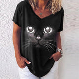 Getadme-Fashion Woman Blouses  T-shirt Women's 3d Cats Print Black Kawaii V-neck T Shirt Female Clothing Oversized Summer Tops Tees