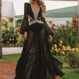 Sexy V-Neck Backless Hollow Out Dress Summer Women Lantern Sleeve Club Party Long Maxi Dresses Tunic Beach Cover Up
