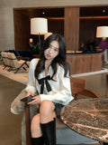 Getadme-Autumn Winter Bow Cardigans Jacket Woman French V-Neck Chic Single-Breasted Knit Top New Long Sleeve Sweater Cardigan