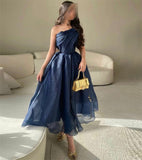 Getadme Vintage Organza One Shoulder Navy Blue Prom Dresses with Pleats A-Line Tea Length Robe De Soiree Formal Party Dresses for Women