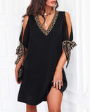 Women Print Dress Bow Hollow Sleeve Mini Dress Summer Deep V Neck Office Ladies Dress