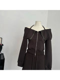 Sexy Sweet Autumn Winter Outfits 2 Piece Set Women Off Shoulder Slash Neck Outerwear +Wrap Hip Elastic Waist Slim Short Skirts