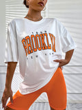 Getadme New T-Shirt Women 1898 Brooklyn York Letter Drop Shoulder Print Vintage Oversized T Shirt Simple Clothes Female Tshirt Y2K Top