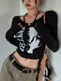 Japanese Y2k Crop Top Women Spring Letter Print Long Sleeve Halter T Shirt Vintage Fashion Hot Girl Slim Fit Grunge Tops Tees