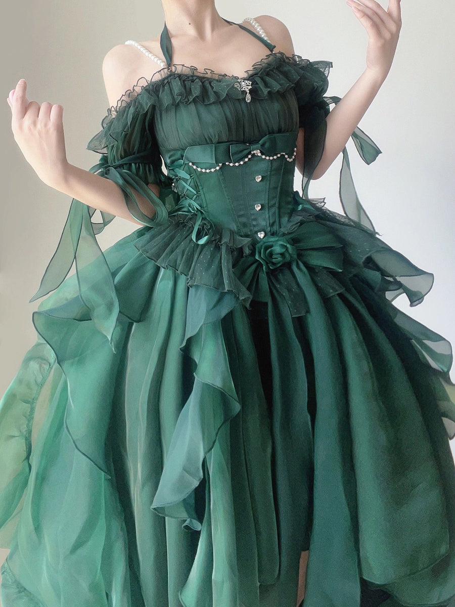 GETADME Green Flower Wedding Dress Cos Lolita Dress Op Dress Lolita Heavy Industry Trail Puffy Princess Dress, Lolita Cosplay