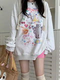 Kawaii Cat Print Hoodie Women Cutecore Long Sleeve Sweatshirt American Retro E-girl Kitten Angel Graphic Alt Clothes Y2k
