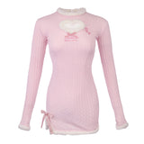 Getadme Pink Korean Lolita Kawaii Dress Women White Japanese Sweet Cute Party Mini Dress Bow Bodycon Elegant Split Dress Winter New