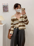 Striped Cropped Cardigan Autumn Korean Mujer Long Sleeve Tops Vintage Sweaters for Women V-Neck Oversize Knitted Sweater