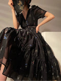 Vintage Black Floral Midi Dress Women Short Sleeve French Elegant Dress Beach 2023 Summer Casual Korean Evening Party Dress