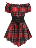 New Fashion Croset Style Off The Shoulder Corset Waist Plaid Women Top Fashion Hide Tummy Short Sleeve Tee For Summer
