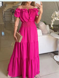 Summer Solid Boho Dress Women Fashion Elegant Beach Party Dress Casual Slash Neck Office Maxi Dresses For Woman Robe Femme New