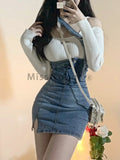 Getadme-Blue Vintage Knitted Two Piece Set Women Sexy Denim Party Mini Skirt Set Female Split Casual Fashion Skirt Suit Autumn New