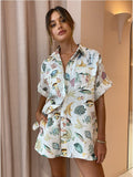 KAAAZI Printed Shirts Shorts Suit Female Holiday Casual Short Sleeve Loose Top Linen Women 2 Pieces Set Summer Fashion Outfits