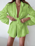 Women Casual Shirt Shorts Two Piece Summer New Fashion Personality Long Sleeved Shirt Loose Shorts Lady Simple Solid Color Suit
