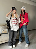 QWEEK Y2K Streetwear Red T-Shirt Women Oversized Hip Hop Vintage Letter Print White Tees American Retro Boyfriend Summer Top