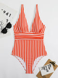 Getadme Striped One Piece Swimsuit Vintage Swimwear Women V-neck Bathing Swimming Suit Female Summer Beachwear Bodysuit