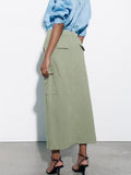 Linen Blend Cargo Skirts for Women High Wasit Midi Skirts Woman 2023 Summer Pockets Skirt Women Office Split Skirt