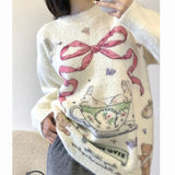 Getadme American Vintage Y2K Cartoon Rabbit Printed Sweater for Girls Loose Oversized Knitted Pullover Soft Comfortable Winter Clothes
